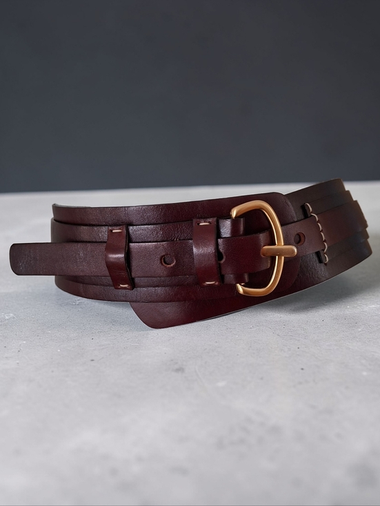 Holt Renfrew Luxe Brown Leather Belt Made in Canada Gold Buckle Timeless Classic - Picture 2 of 15